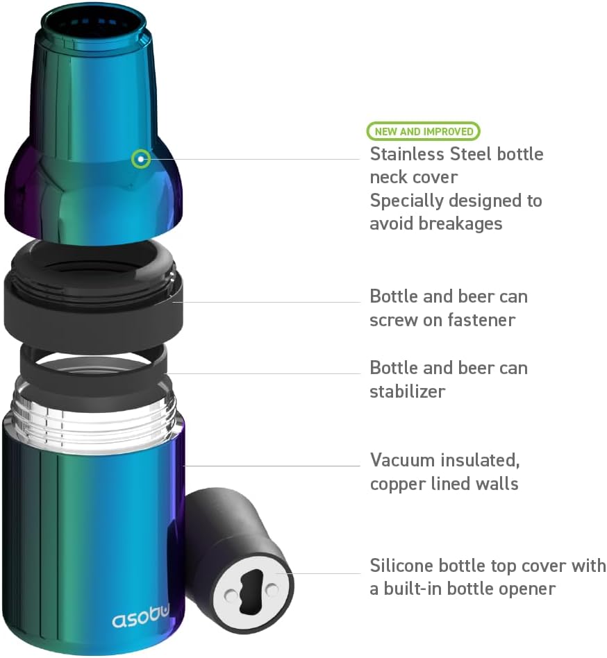 Asobu Frosty Beer Holder 2 Go Vacuum Insulated Double Walled Stainless Steel Beer Can and Bottle Cooler with Beer Opener, Bpa Free, Fits Standard 12oz Bottles, Gift for Beer Lovers (Green Ocean)