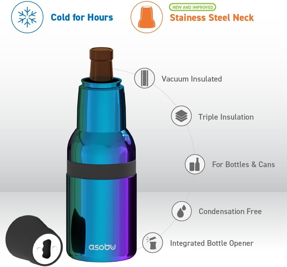 Asobu Frosty Beer Holder 2 Go Vacuum Insulated Double Walled Stainless Steel Beer Can and Bottle Cooler with Beer Opener, Bpa Free, Fits Standard 12oz Bottles, Gift for Beer Lovers (Green Ocean)
