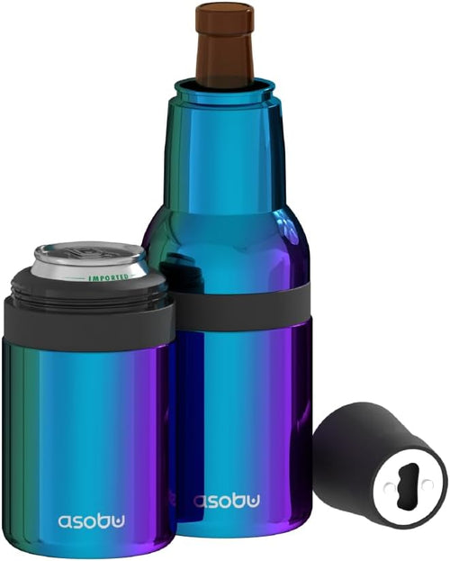 Asobu Frosty Beer Holder 2 Go Vacuum Insulated Double Walled Stainless Steel Beer Can and Bottle Cooler with Beer Opener, Bpa Free, Fits Standard 12oz Bottles, Gift for Beer Lovers (Green Ocean)