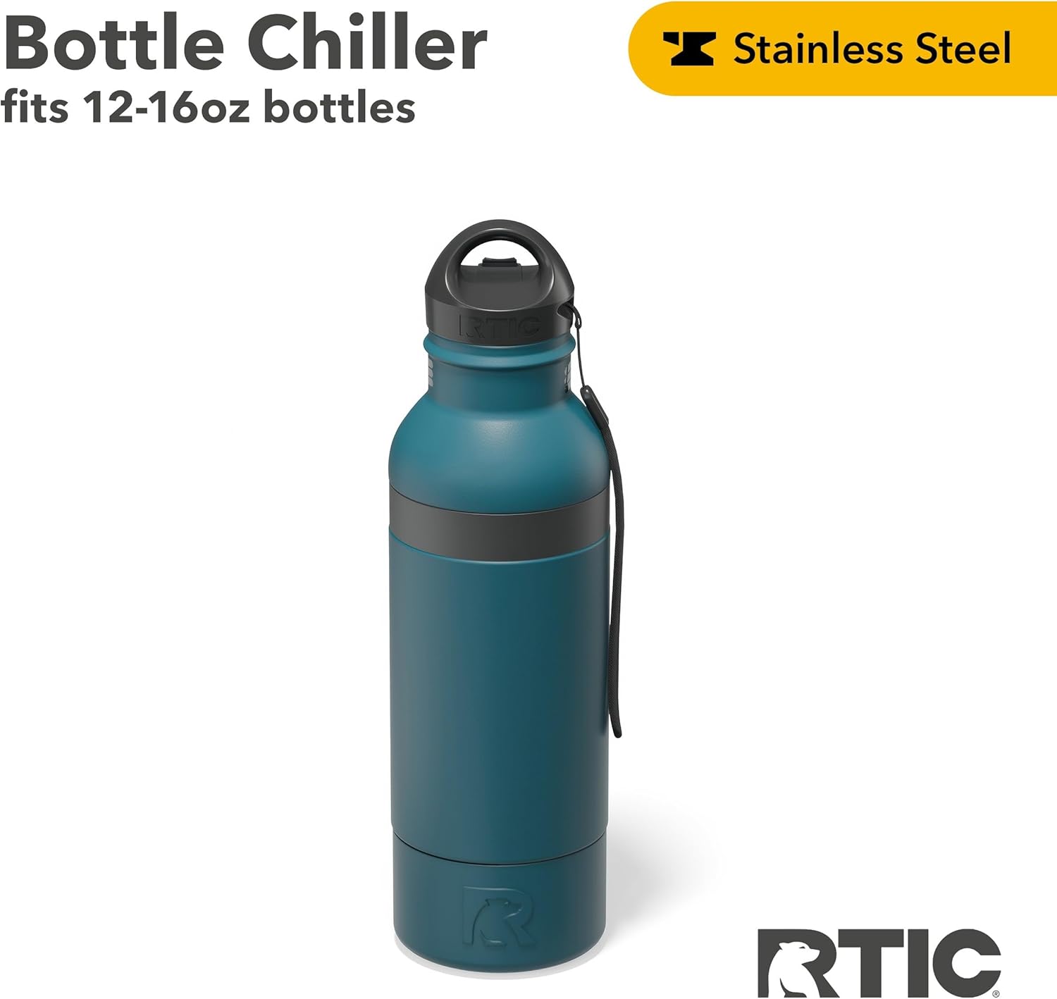 RTIC Bottle Chiller, Insulated Cooler for 12oz Glass Soda or 16oz Aluminum Bottles, Double Wall Vacuum Insulation, Stainless Steel, Sweat Proof with Bottle Opener, Marine