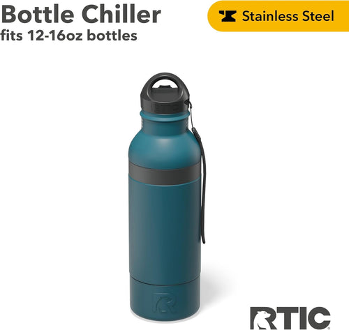 RTIC Bottle Chiller, Insulated Cooler for 12oz Glass Soda or 16oz Aluminum Bottles, Double Wall Vacuum Insulation, Stainless Steel, Sweat Proof with Bottle Opener, Marine