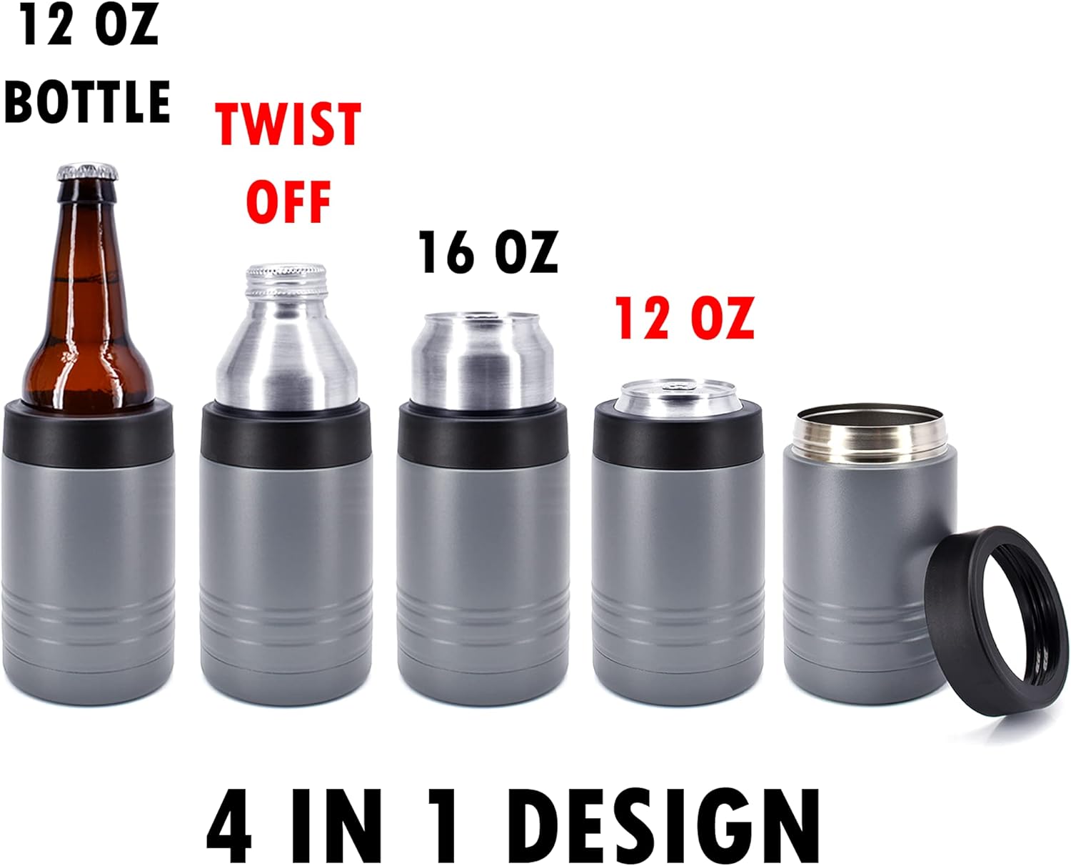 4-in-1 Stainless Steel 12 oz Double Wall Vacuum Insulated Can or Bottle Cooler Keeps Beverage Cold for Hours - Also Fits 16 oz Cans - Powder Coated Dark Gray - Clear Water Home Goods