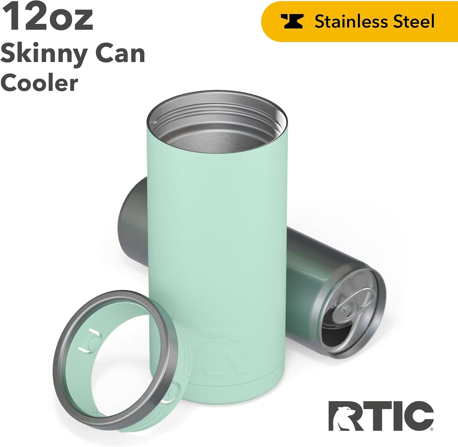 RTIC Skinny Can Cooler, Fits All 12oz Slim Cans, Insulated Stainless Steel, Sweat-Proof, Keeps Cold Longer, Fresh Mint