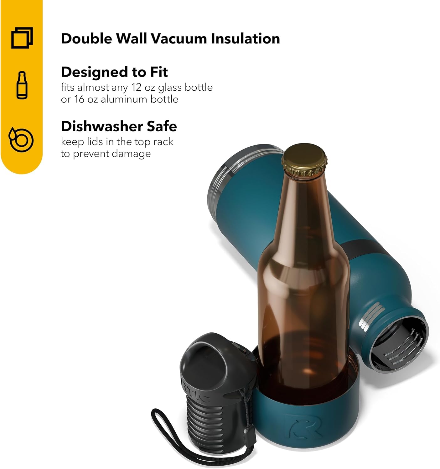 RTIC Bottle Chiller, Insulated Cooler for 12oz Glass Soda or 16oz Aluminum Bottles, Double Wall Vacuum Insulation, Stainless Steel, Sweat Proof with Bottle Opener, Marine