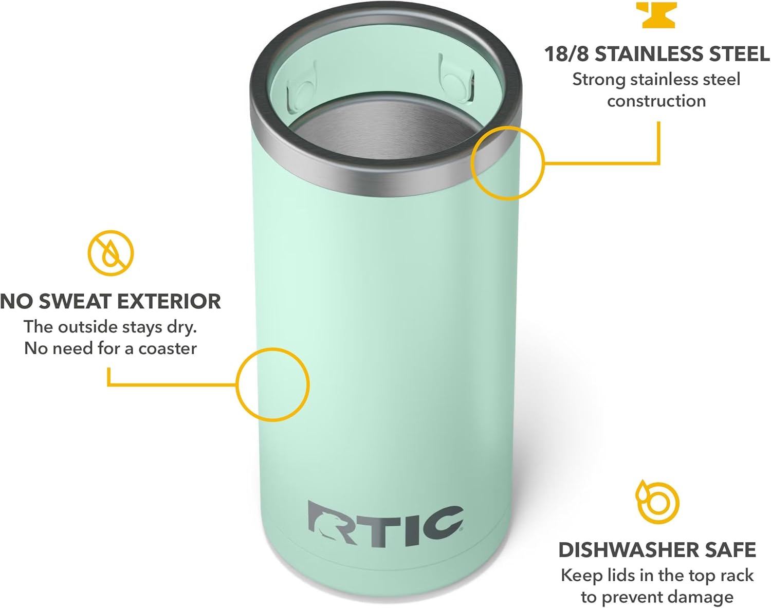 RTIC Skinny Can Cooler, Fits All 12oz Slim Cans, Insulated Stainless Steel, Sweat-Proof, Keeps Cold Longer, Fresh Mint